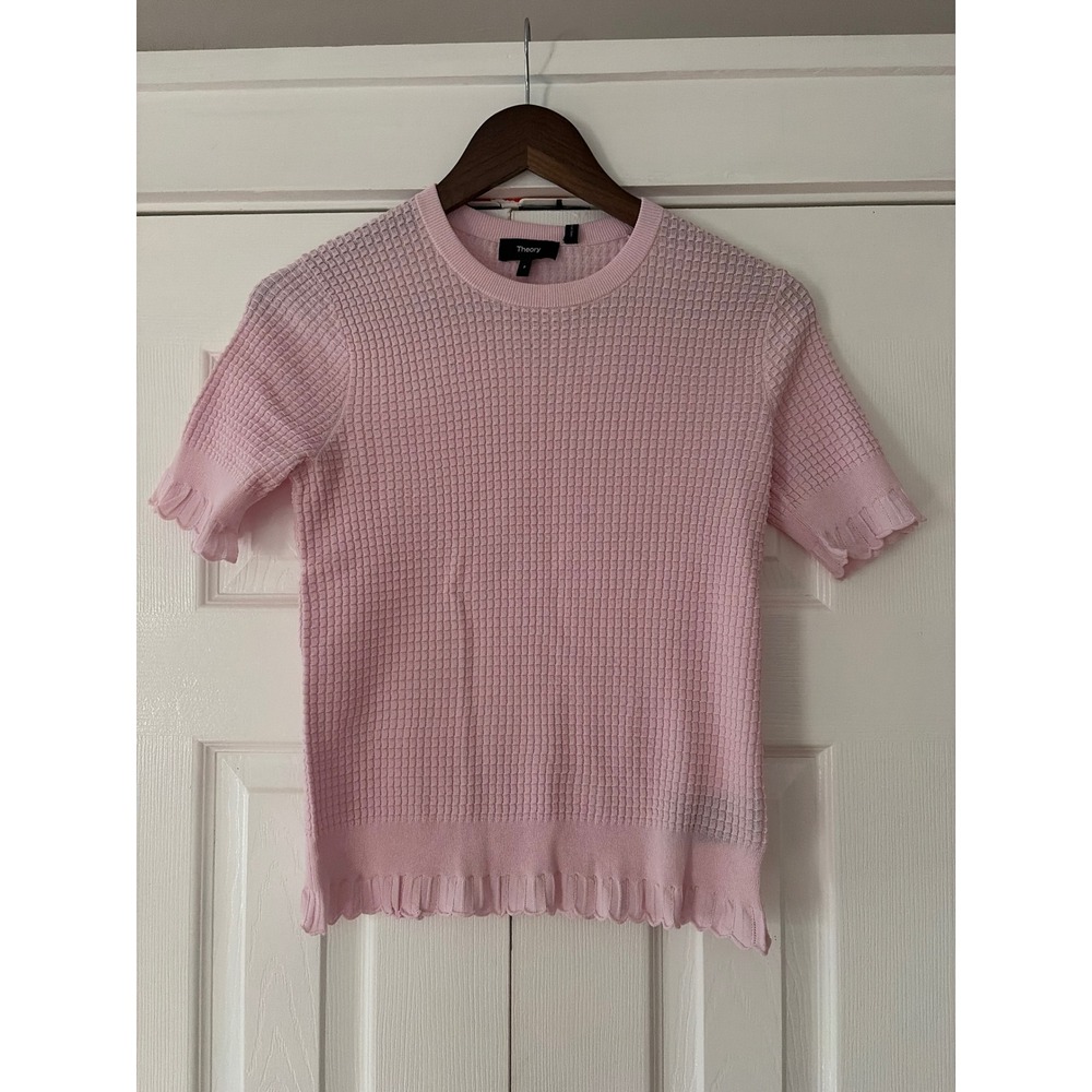 Theory Womens Lace Trim PO Bristol Cotton Waffle Knit Sweater Soft Pink NWT
